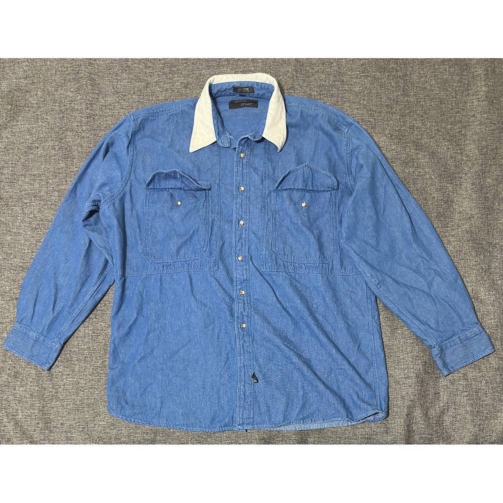 Bayou Sport Mens XL Long Sleeve Denim Shirt Blue Contrast Collar